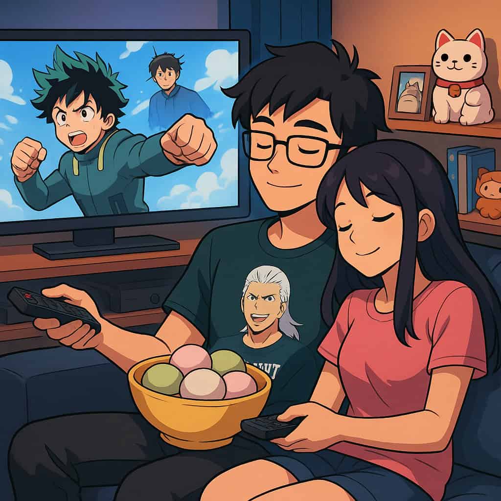 Anime-loving couple sitting on a couch sharing mochi, watching My Hero Academia in a cozy, decorated living room.