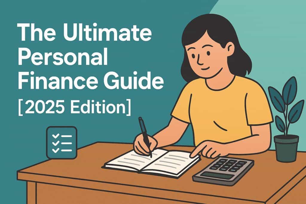 A flat-style digital illustration showing a young woman writing in a notebook and using a calculator at a desk. The left side of the image features large white text reading 'The Ultimate Personal Finance Guide [2025 Edition]' on a teal background. The design visually represents financial planning for a modern personal finance blog.