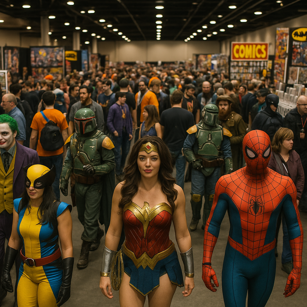 Crowd of people dressed in cosplay at a convention.